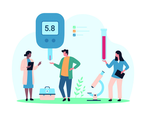 Blood sugar control for diabetes. Tiny people test blood of patient with glucometer for diagnosis and treatment, doctors check indicator on devices digital screen cartoon vector illustration
