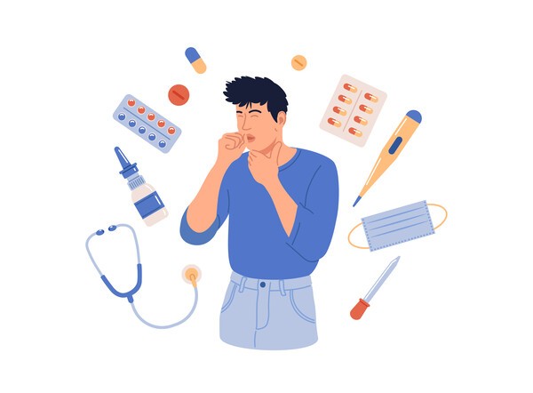 Man suffering from flu. He has fever, cough and sneezing. Flu or cold, allergy symptom. Influenza, illness treatment. Person with influenza, runny nose, headache, fever, sore throat. Pharmacy therapy