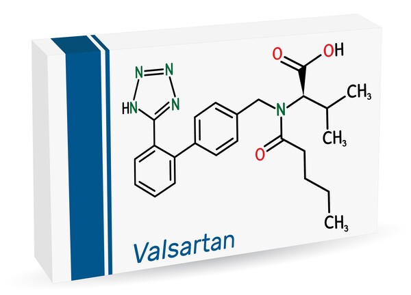 Valsartan molecule. It is used to treat high blood pressure, heart failure. Paper packaging for drugs. Vector illustration